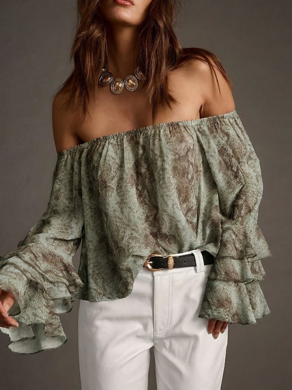 Green Boho Women's Off-Shoulder Blouse - Picture 5 of 5